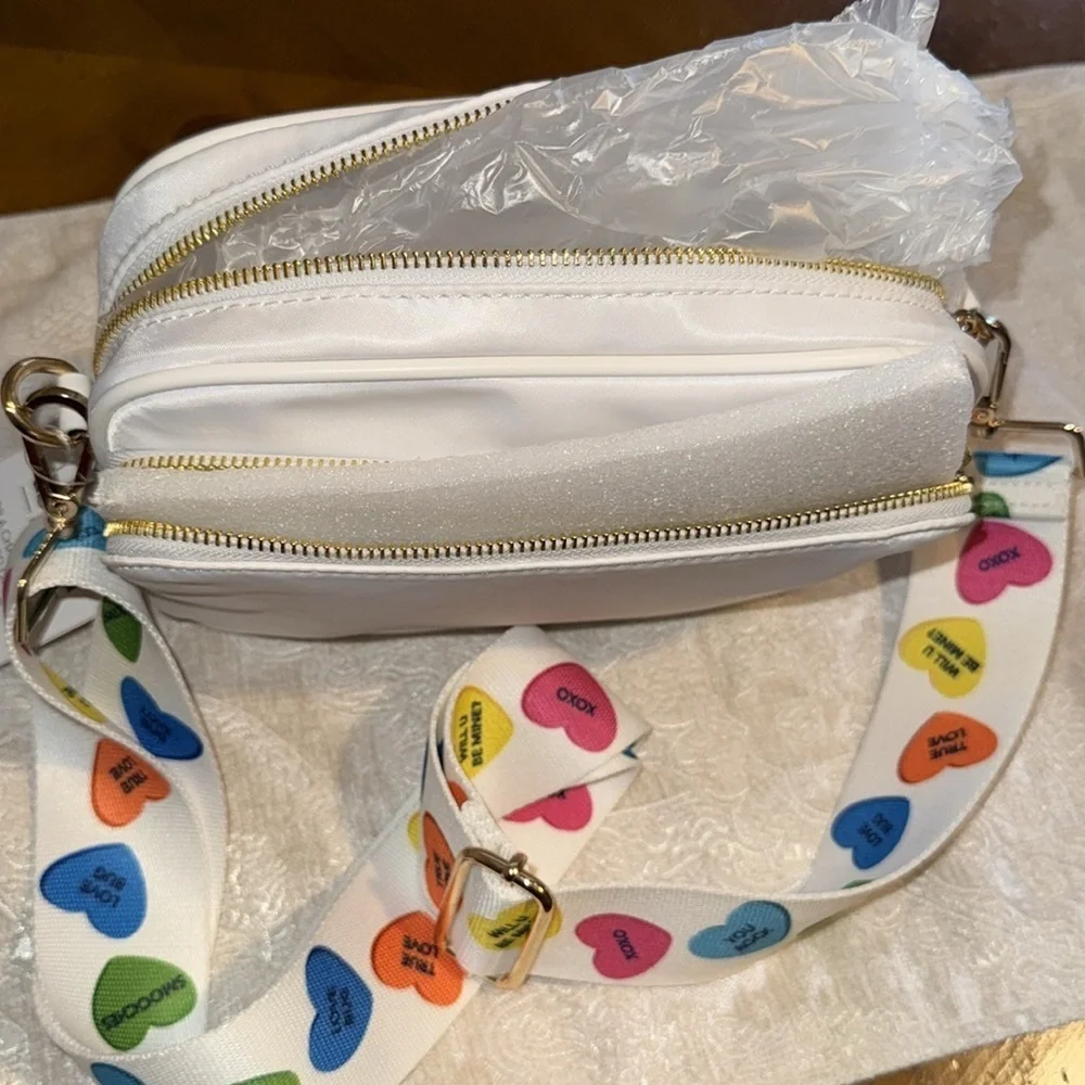 ah-DORNED New York White Small Crossbody Bag Zip Multicolor Heart Strap.